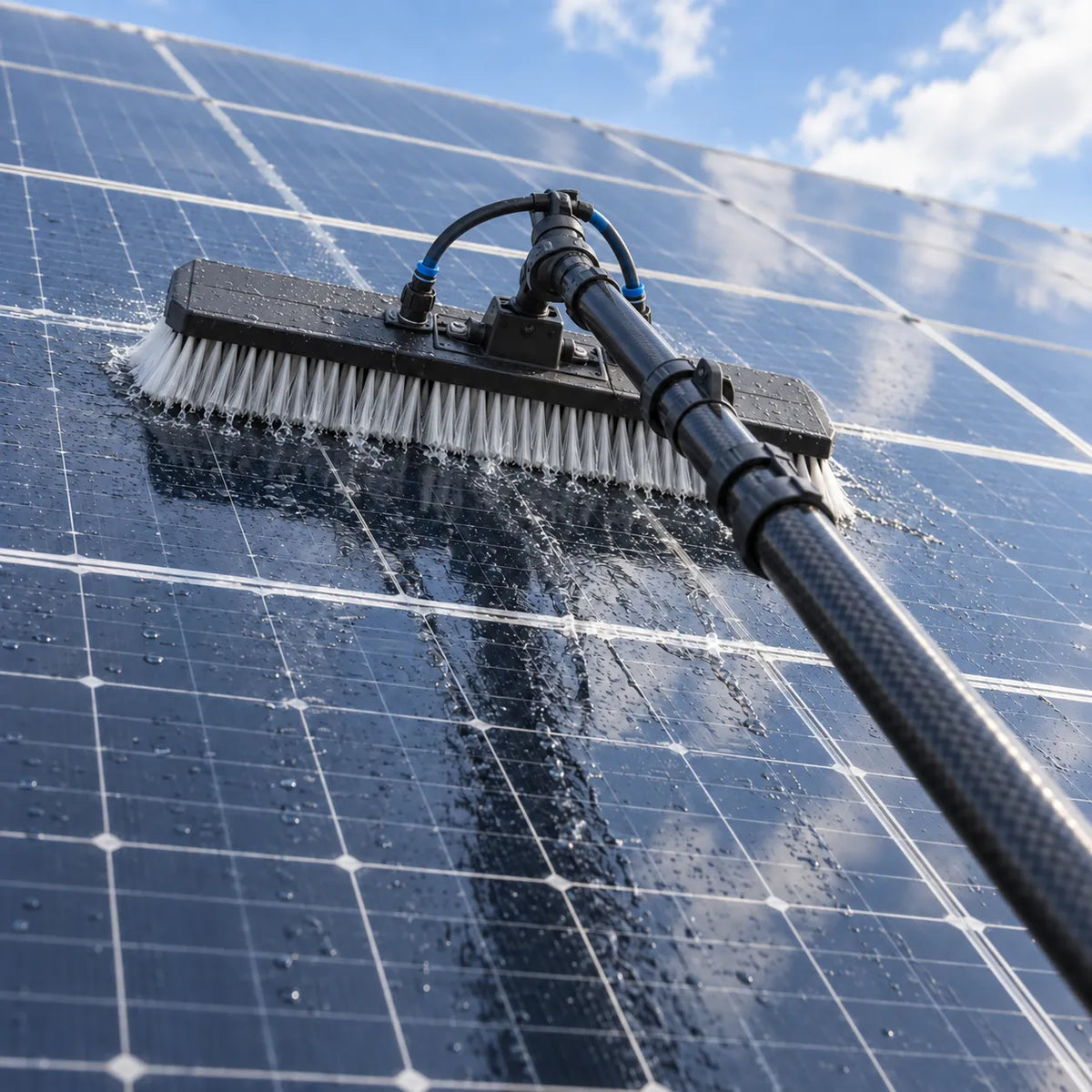 Reinwasserbürste mit angeschlossenen Wasserschläuchen reinigt Solarmodule.