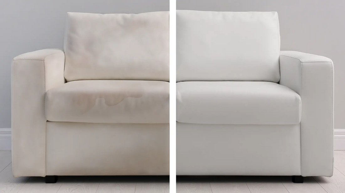 Polsterreinigung einer weißen Couch als Vorher-Nachher-Bild