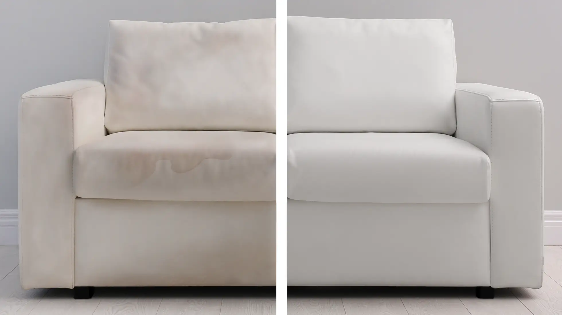 Polsterreinigung einer weißen Couch als Vorher-Nachher-Bild