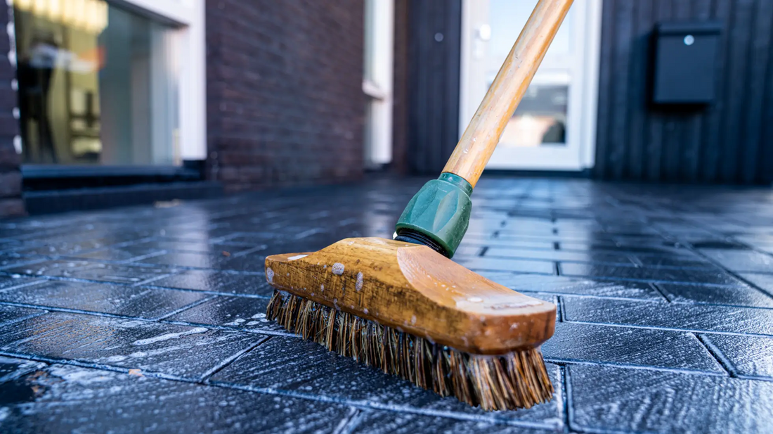 Zementschleier wird mit einer Bürste von einem Steinboden entfernt