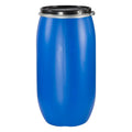Blaues 150 liter weithalsfass aus kunststoff mit schwarzem deckel und silbernem rand