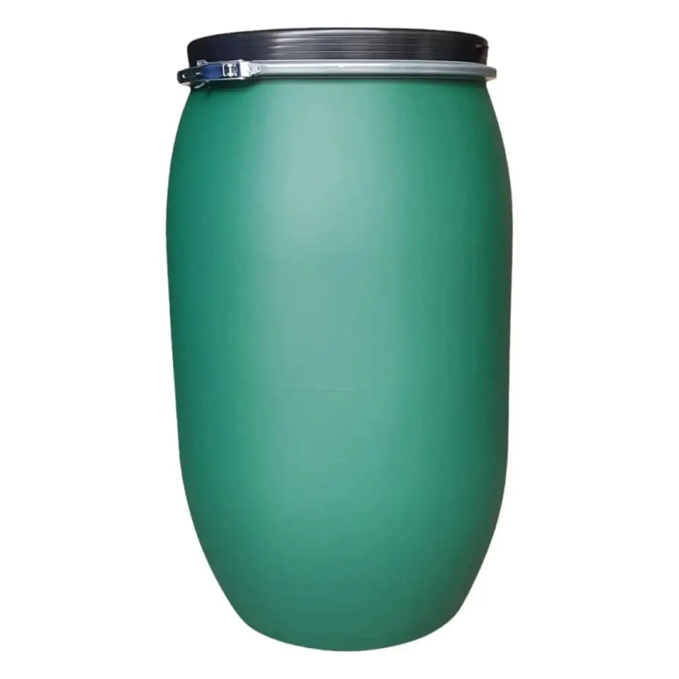 Grünes 220 liter weithalsfass aus kunststoff mit schwarzem deckel und silberner spannschelle