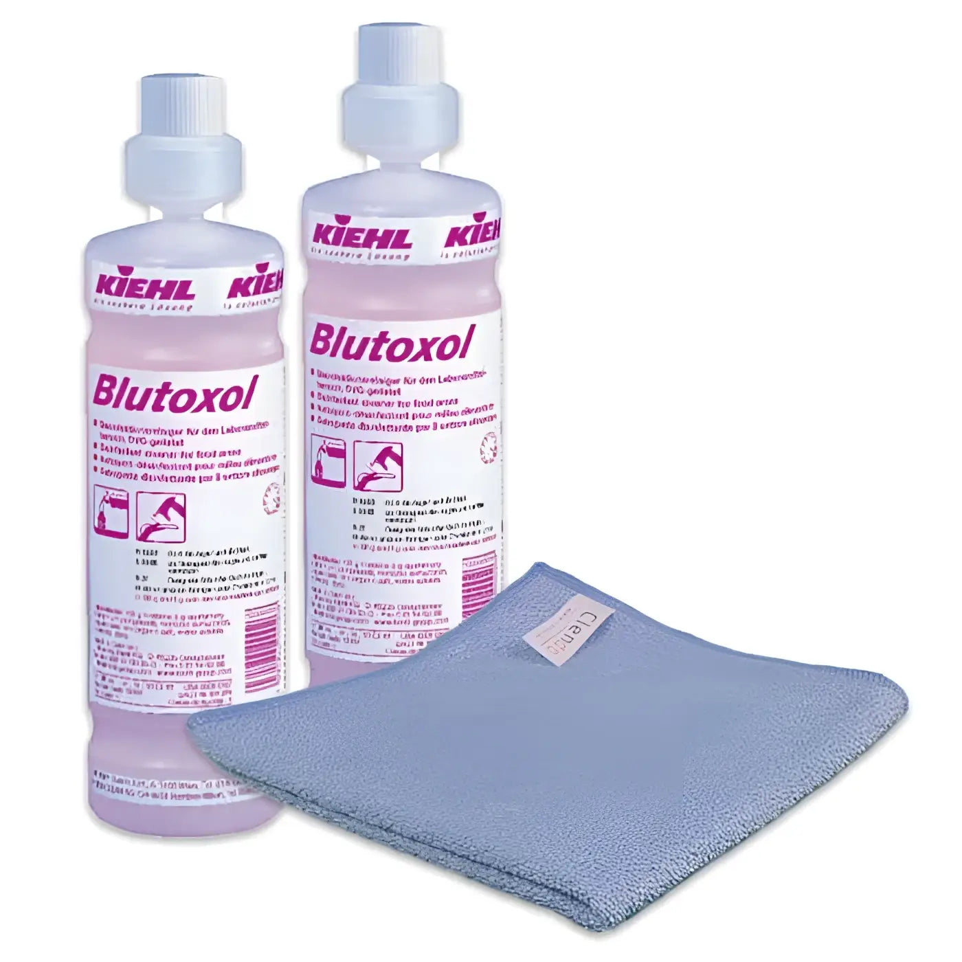 Zwei durchscheinend rosa kiehl’s blutoxol desinfektionsreiniger 1l flaschen mit weißen etiketten neben einem hellblauen mikrofasertuch