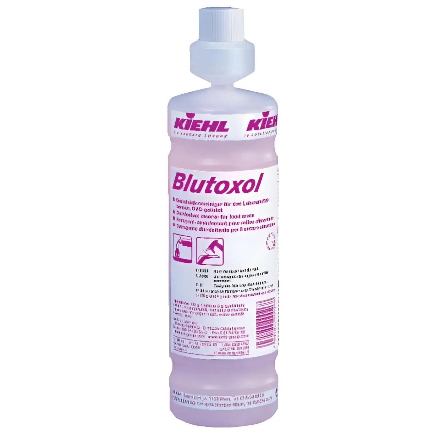 Eine durchscheinend rosa flüssigkeitsgefüllte 1l kiehl blutoxol desinfektionsreiniger-flasche mit weißem verschluss
