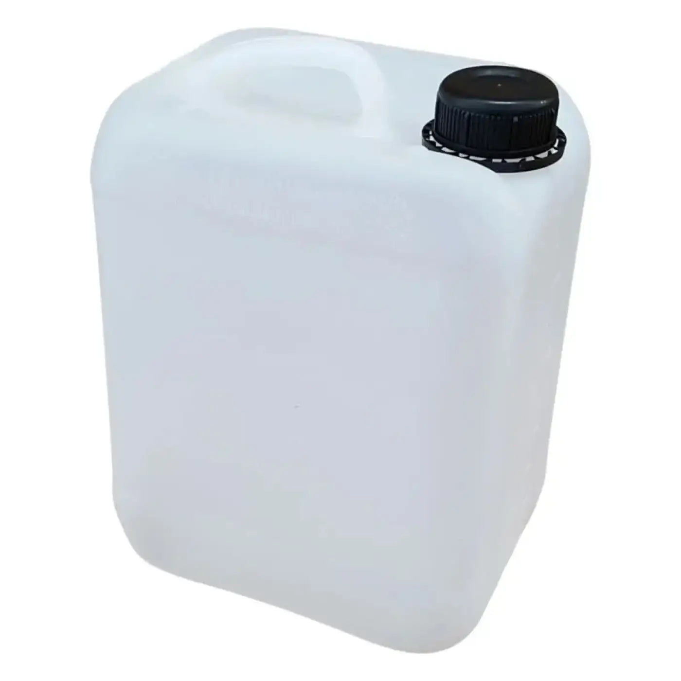 Weißer 5 liter kunststoff kanister mit schwarzem schraubverschluss und integriertem griff aus hdpe material