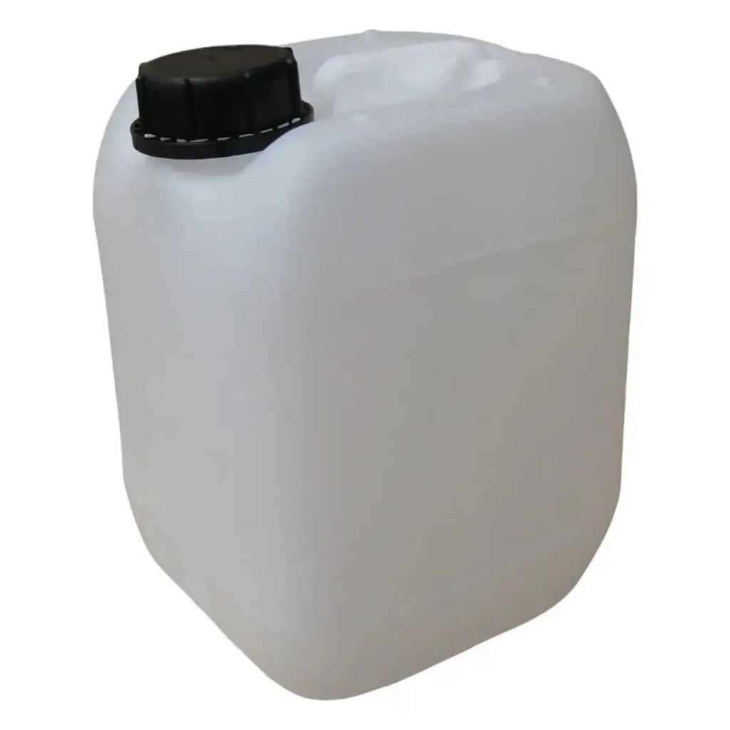 Weißer 5 liter kunststoff kanister mit schwarzem schraubverschluss aus hdpe nach din51 standard