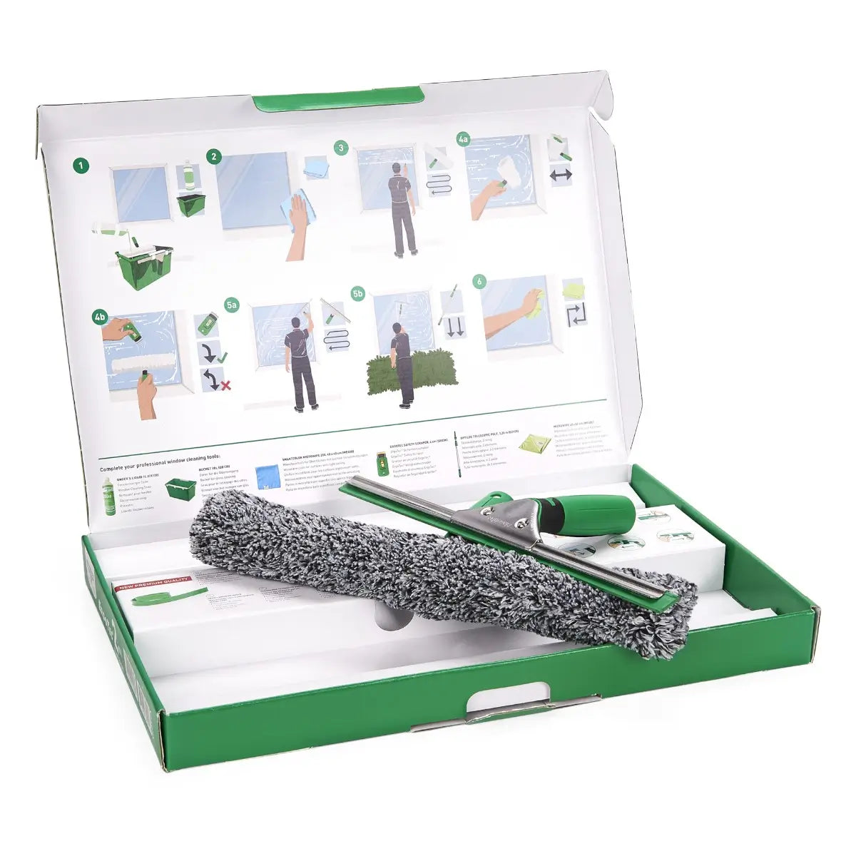 Unger AK011UNGER ErgoTec 2in1 Starter Set AK011A in geöffneter Verpackung mit Zubehör und AnleitungA