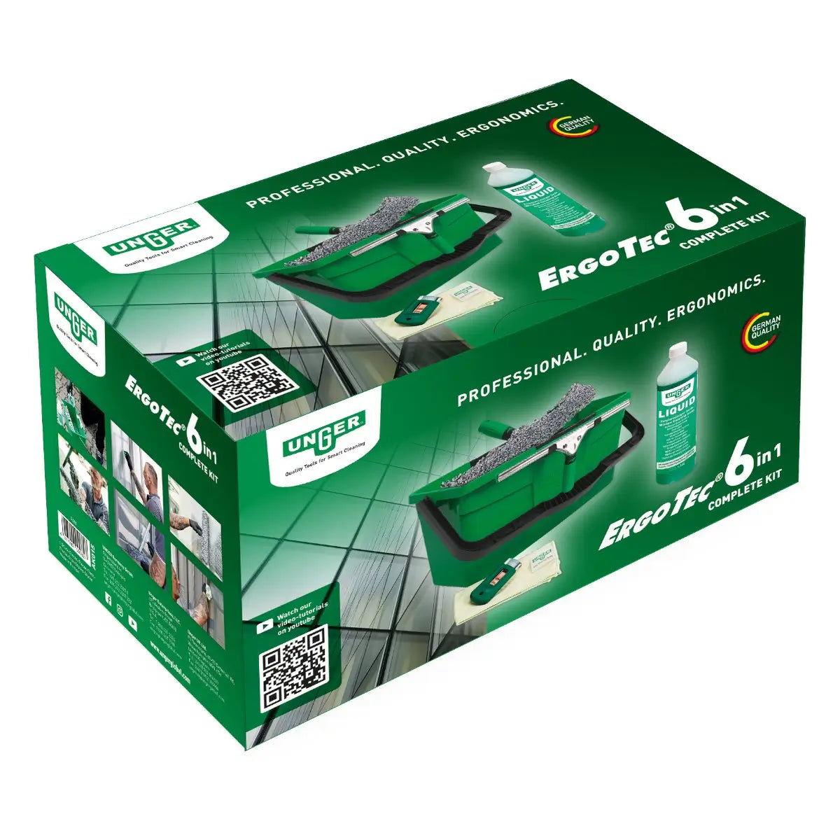 Verpackung des Unger ErgoTec Fensterputzer-Komplett-Set 6in1 AK015 mit Abzieher, Einwascher und Reinigungsmittel