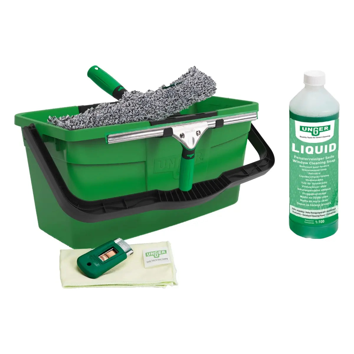 Unger ErgoTec Fensterputzer-Komplett-Set 6in1 AK015 mit grünem Eimer, Abzieher, Einwascher, Reinigungsmittel, Glastuch und Schaber