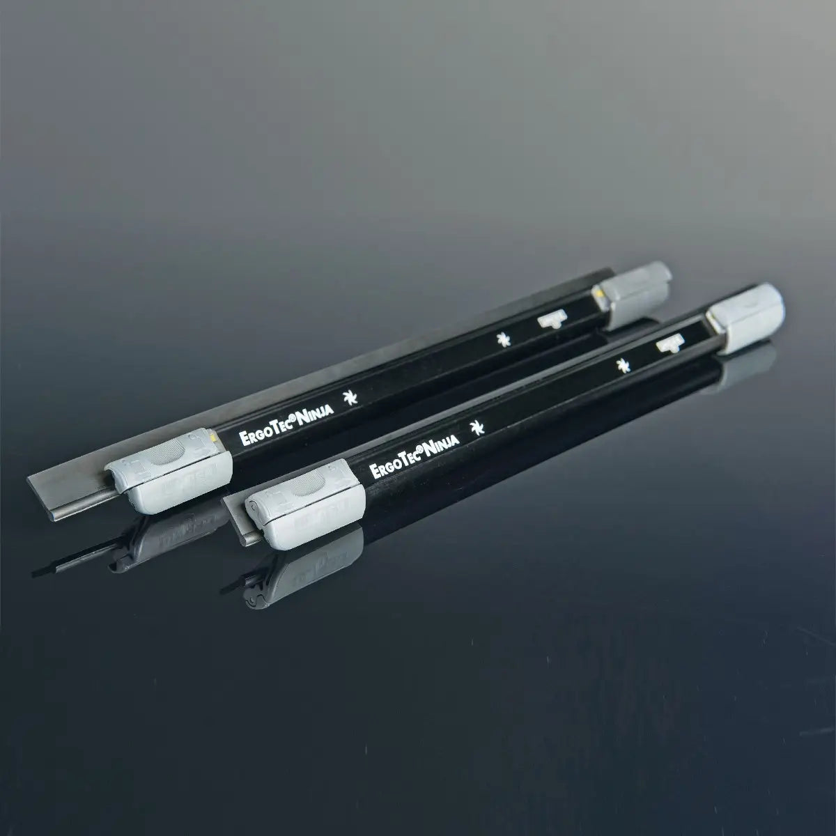 zwei schwarze Unger ErgoTec Ninja Wischerschienen mit grauen Endclips nebeneinander auf schwarzem Hintergrund