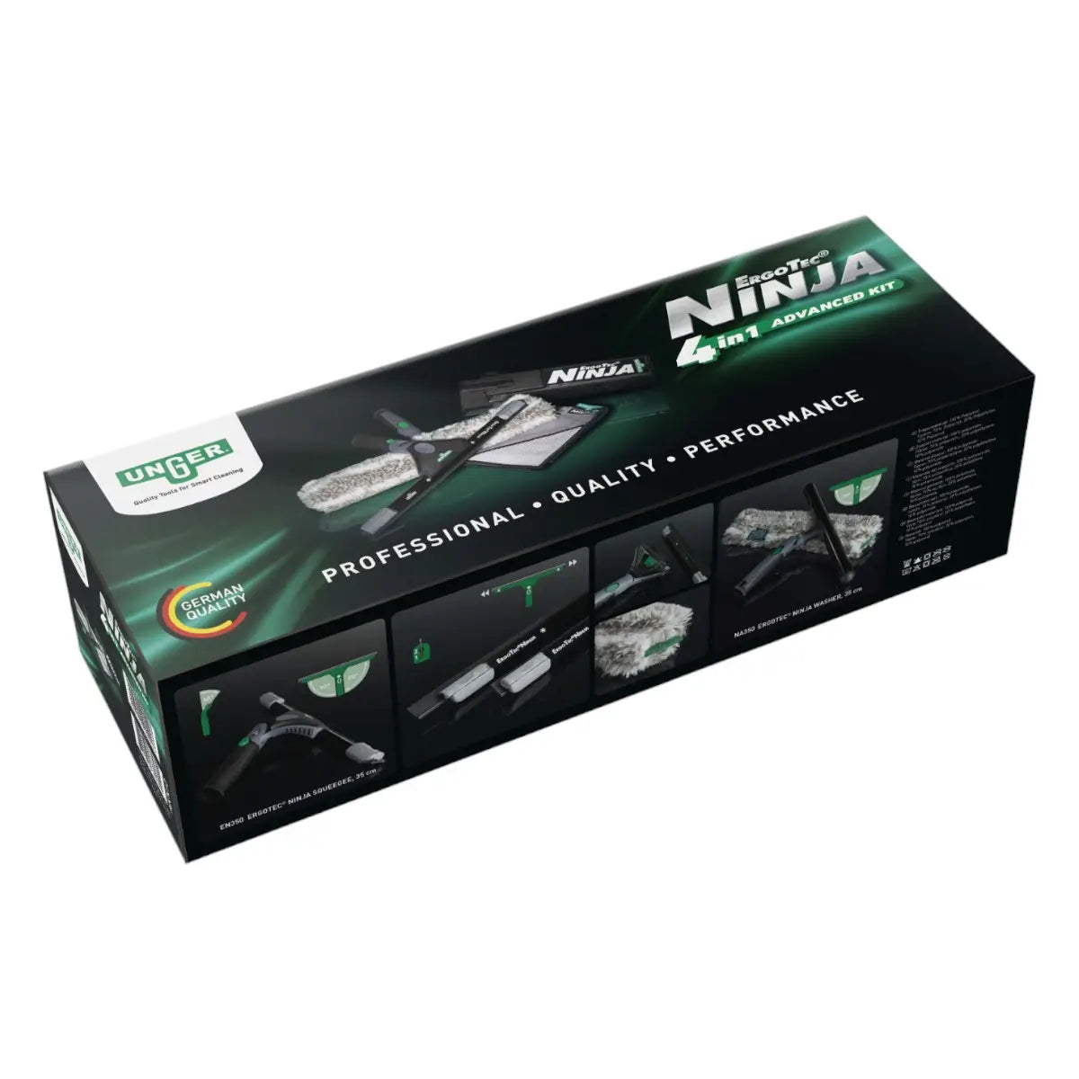 Verpackung des UNGER AKN12 ErgoTec NINJA 4in1 Fensterputzsets mit Abbildungen der enthaltenen Reinigungswerkzeuge