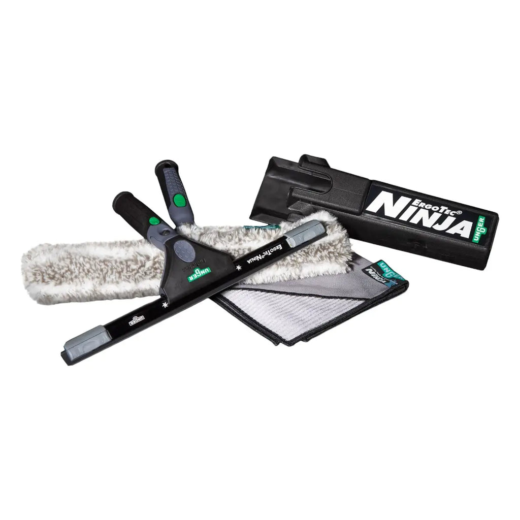 Unger ErgoTec Ninja 4in1 Fensterputzset mit Abzieher, Einwascher, Mikrofasertuch und Transportbox
