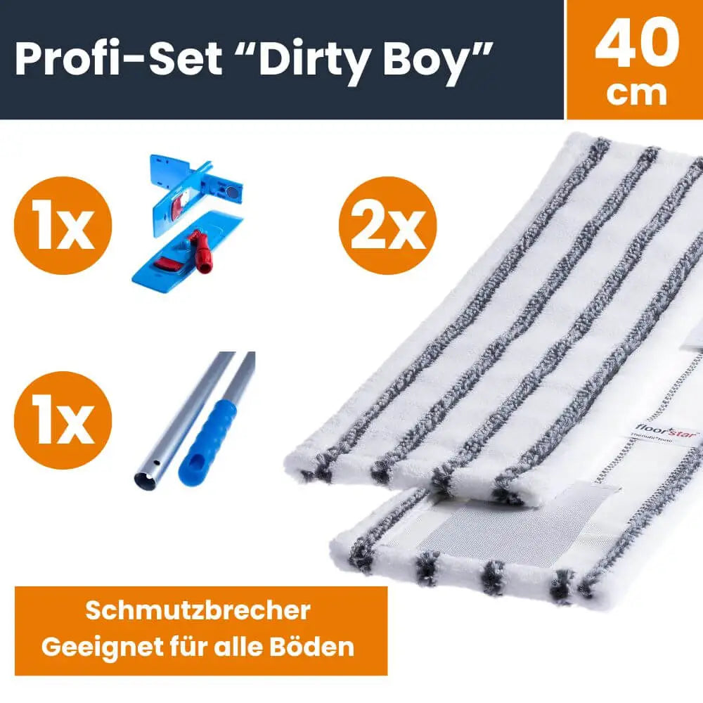 Reinigungsset „Dirty Boy“ mit 40 cm Moppaufsatz, geeignet für diverse Bodenarten. Enthält einen Mopp, zwei Wischbezüge und einen Griff.