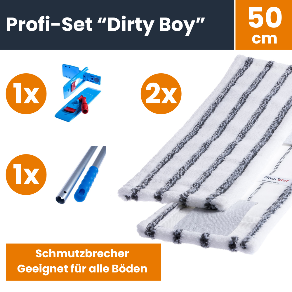 Profi-Reinigungsset 'Dirty Boy' mit Mop-Halter, Teleskopstange und zwei Wischbezügen 50 cm, geeignet für alle Böden.