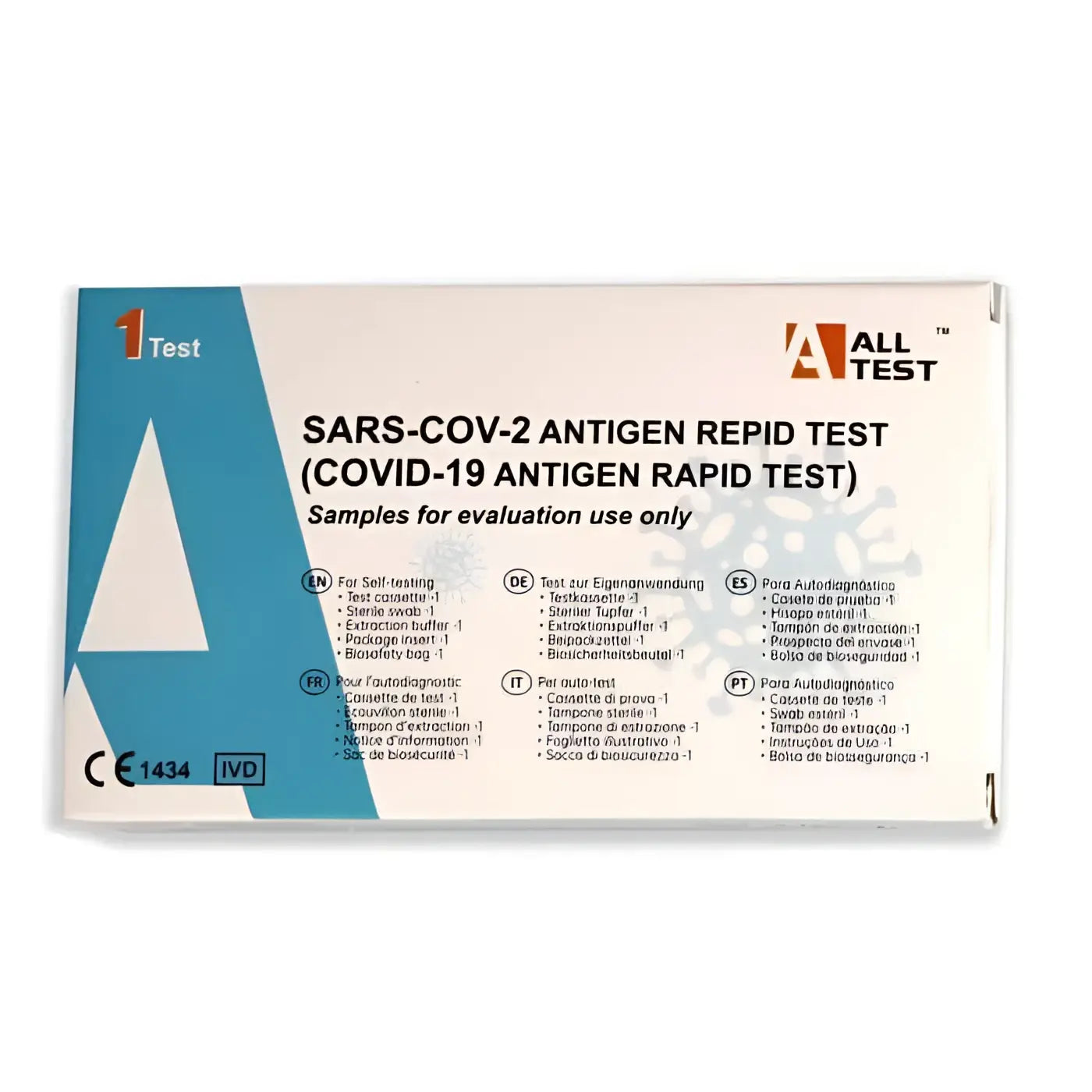 Weiß-blauer rechteckiger alltest sars-cov-2 antigen schnelltest mit mehrsprachiger anleitung und fünf tests