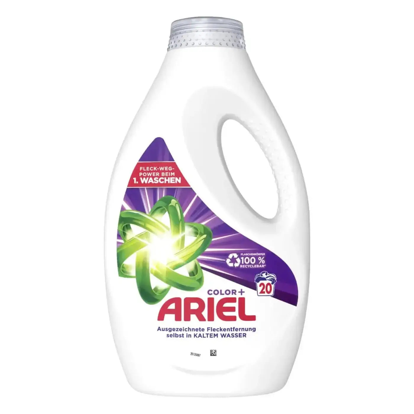 Weiße plastikflasche von ariel color plus flüssigwaschmittel mit lila und grünem etikett für 20 waschladungen 1 liter