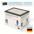 Weiße kartonverpackung mit schwarzer und blauer arnmed branding für arnmed nitril schwarze puderfreie medizinische untersuchungshandschuhe 200 stück