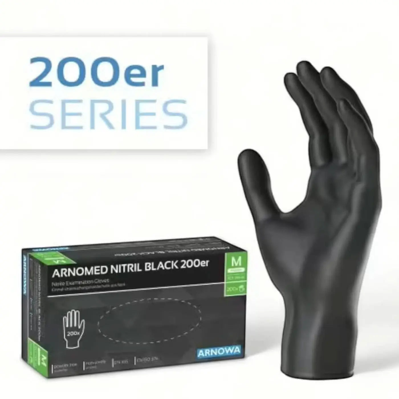 Arnolmed nitril-handschuhe puderfrei schwarz größe m aus der 200er serie für medizinischen gebrauch