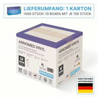 Weiße und lila arnomed vinyl-handschuhe puderfrei größe m in karton mit 10 boxen à 100 stück