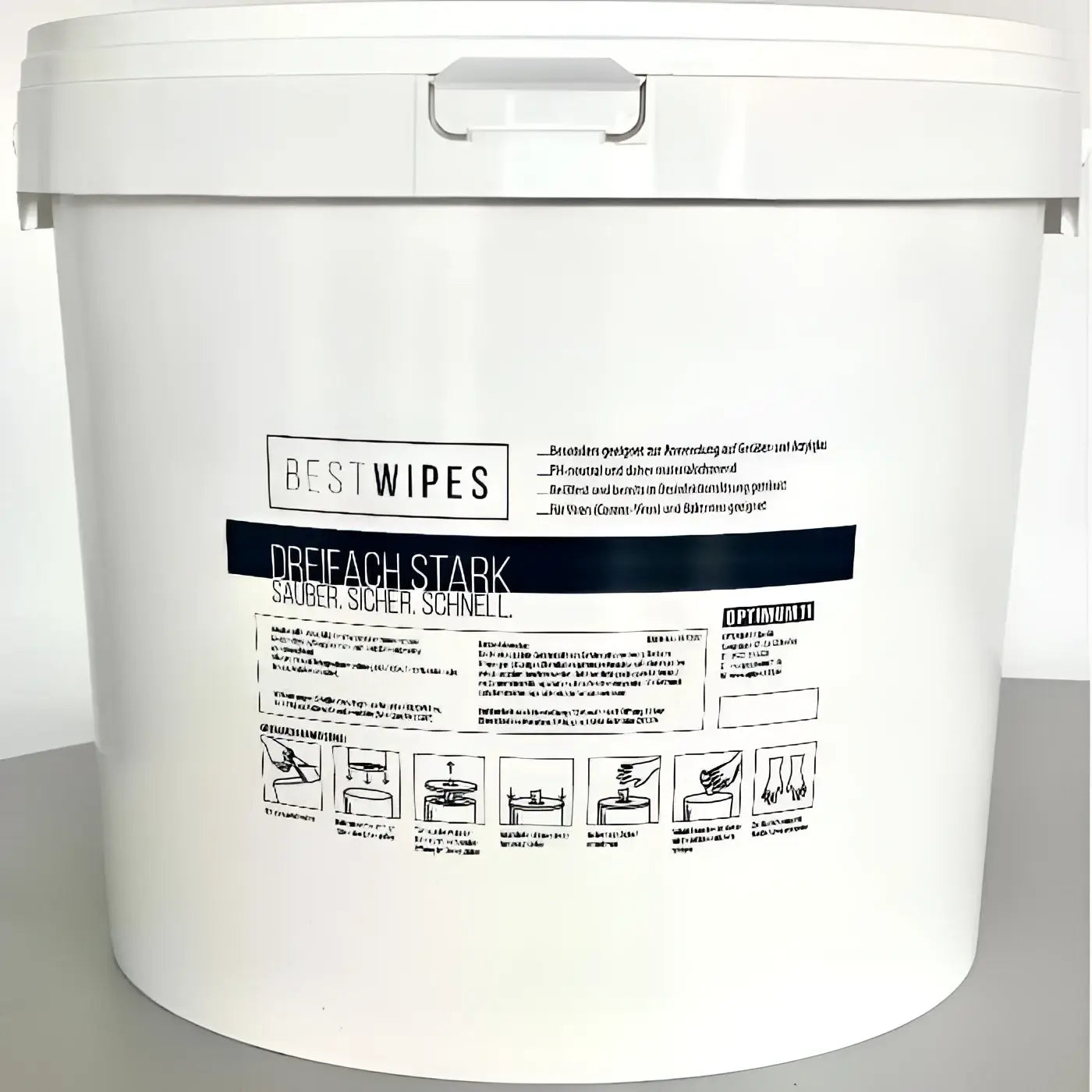 Weißer plastikbehälter best wipes mit dunkelblauem banner und anleitungsdiagrammen für 400+750er wipes