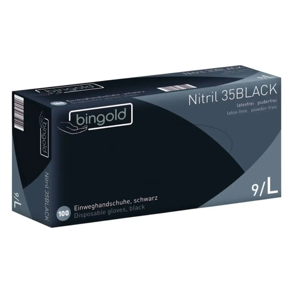 Schwarze bingold nitril 35black einweghandschuhe puderfrei 100 stück in dunkelblauer und grauer verpackung