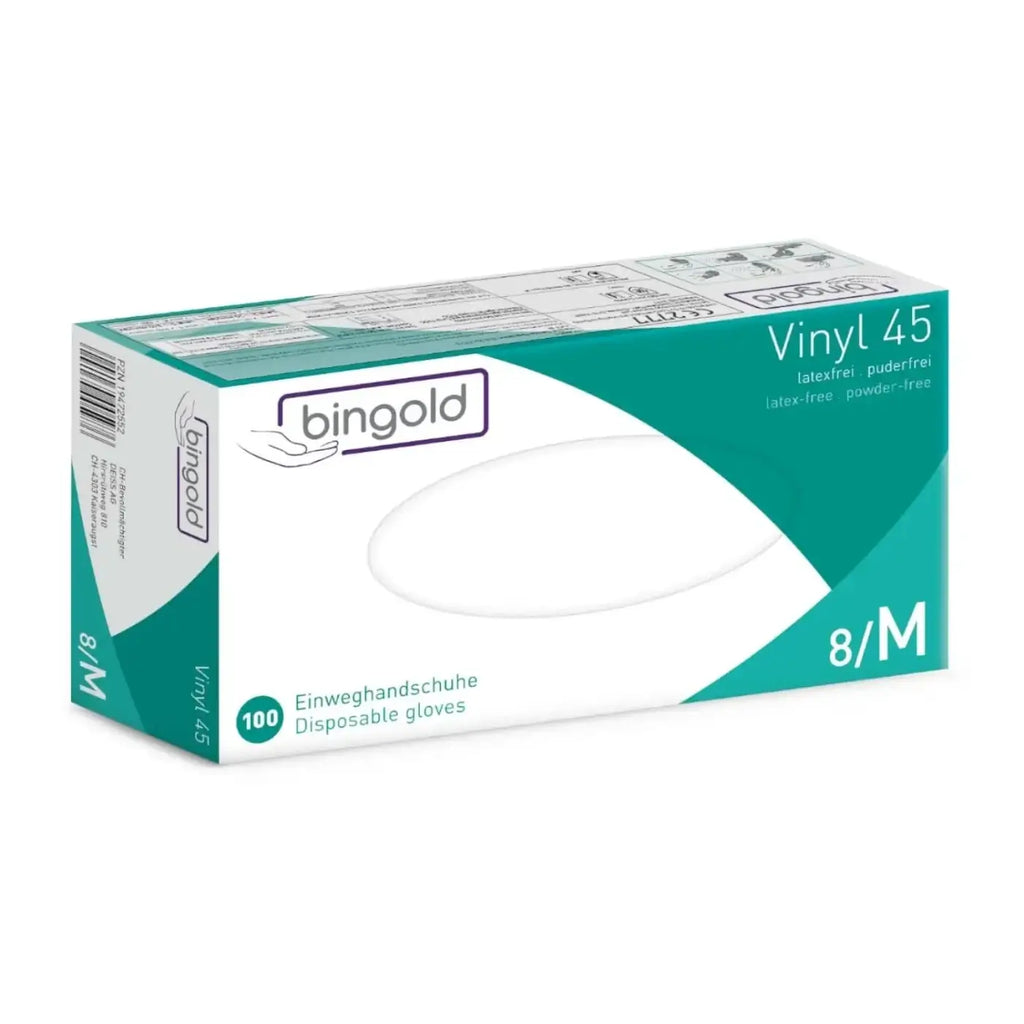 Teal und weißer bingold verpackung vinyl einweghandschuhe größe 8 m puderfrei 100 stück transparent