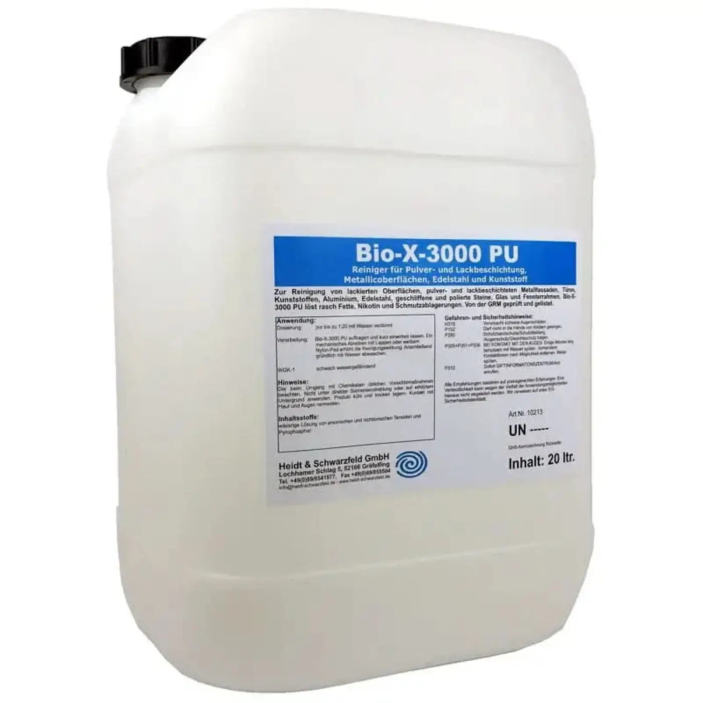 Weißer kunststoff jerrycan mit schwarzem deckel und blauem label bio-x-3000 pu 20 liter fassadenreiniger