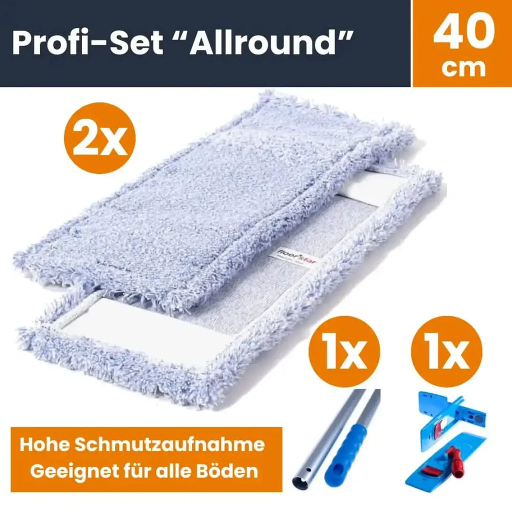 Hellblaue mikrofaser wischmopps mit weißen kunststoffrahmen 40 cm profi-set allround bodenwischer