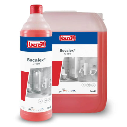 Roter bucalex g460 sanitärgrundreiniger in plastikflasche und kanister mit blauen und weißen buzil etiketten