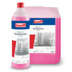 Buzil bucasan sanibreeze g454 sanitärreiniger mit geruchsblocker in rosa flasche mit rotem deckel und großer kanister
