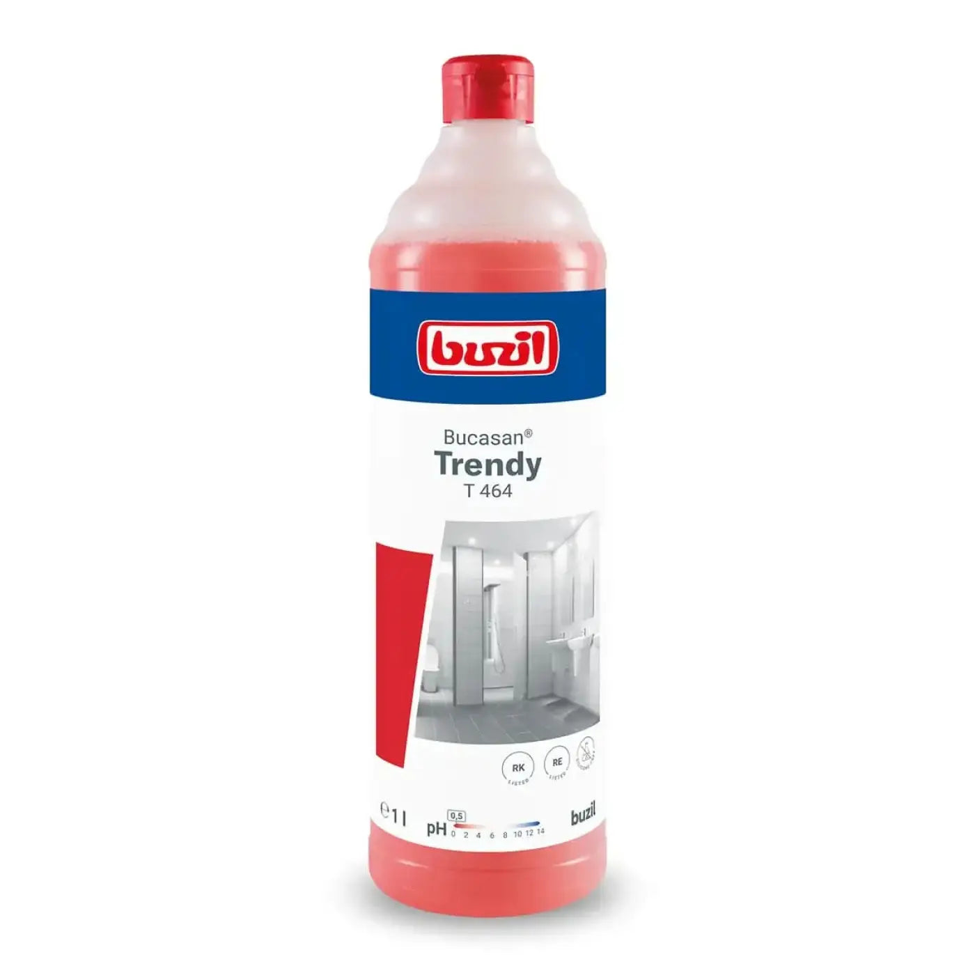 Eine durchsichtige plastikflasche mit rotem deckel und etikett enthält rosa flüssigkeit buzil bucasan trendy t464 sanitärreiniger 1l