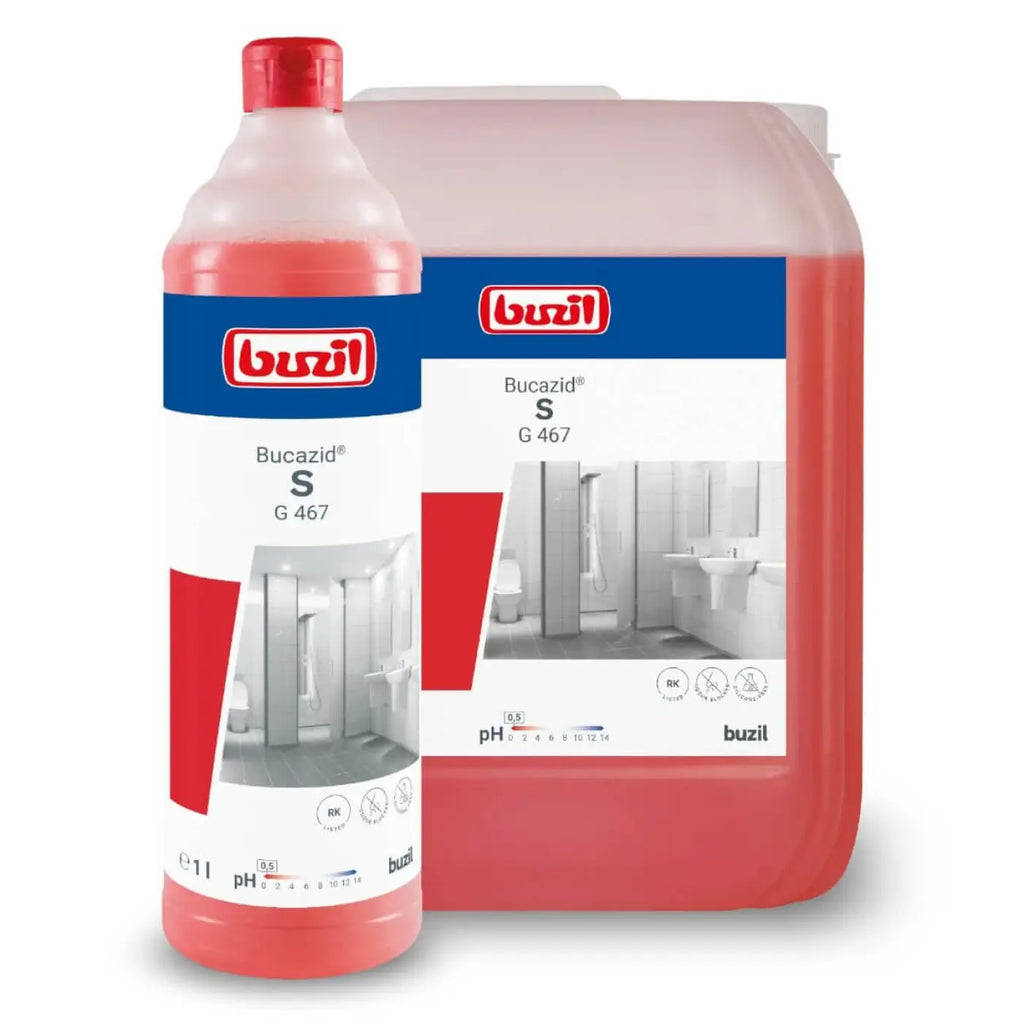 Rotes flüssiges sanitär-reinigungsmittel buzil bucazid s g 467 in transparenter flasche mit rotem deckel und 10l kanister