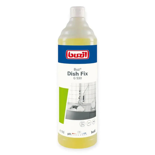 A clear plastic bottle of buzil buz dish fix g530 spülmittel with yellow liquid and a blue and white label