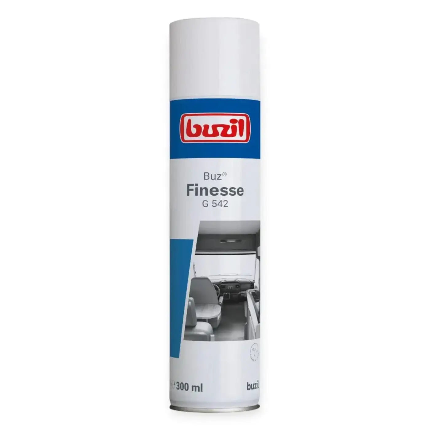 Weiße aerosolflasche buzil finesse g 542 möbel und spezialpflege mit blau rotem etikett und fahrzeuginnenbild