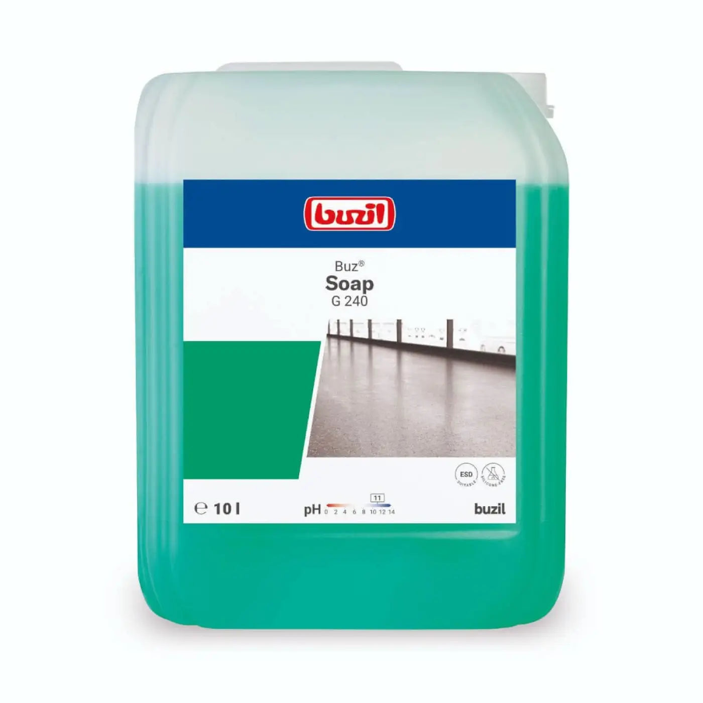 Ein 10-liter behälter buzil g240 industrieseife mit durchsichtig grünem flüssigkeit und blau weiß grünem etikett