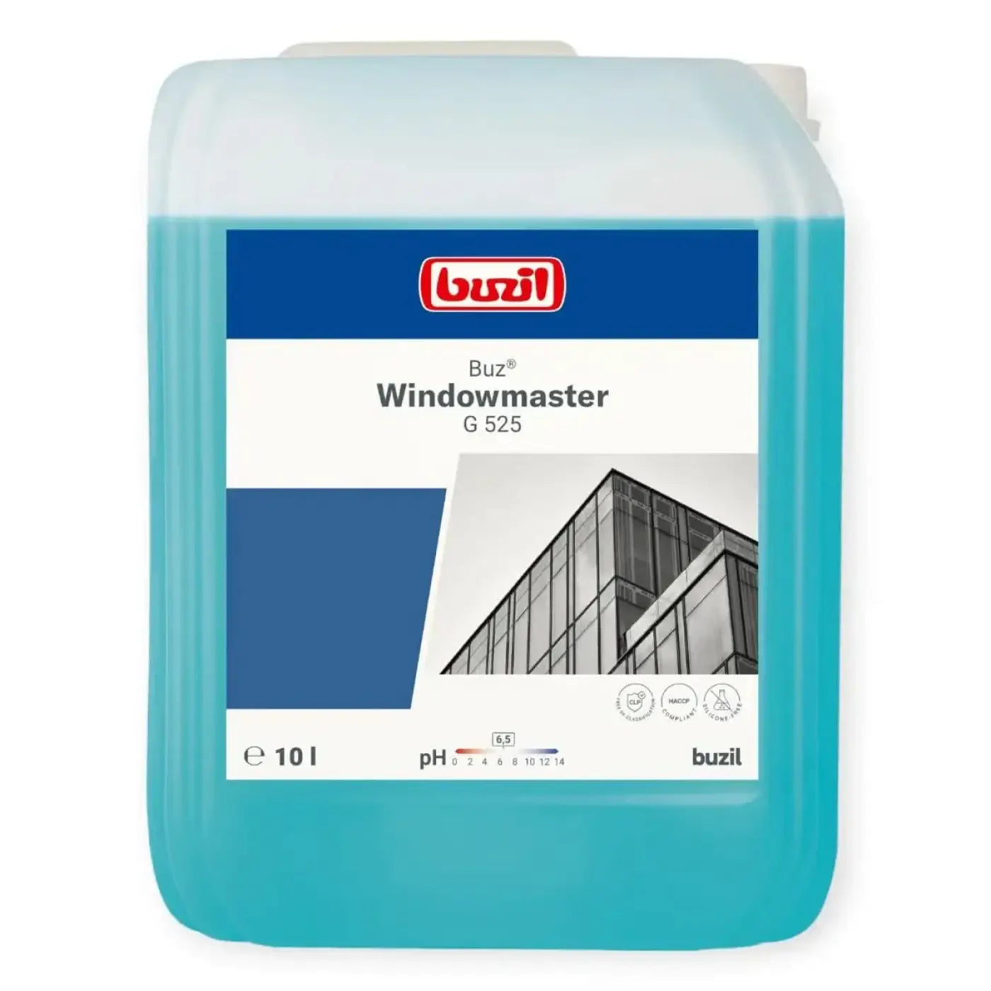 A 10-liter translucent turquoise plastic jug of buzil windowmaster g 525 window cleaner for glass cleaning