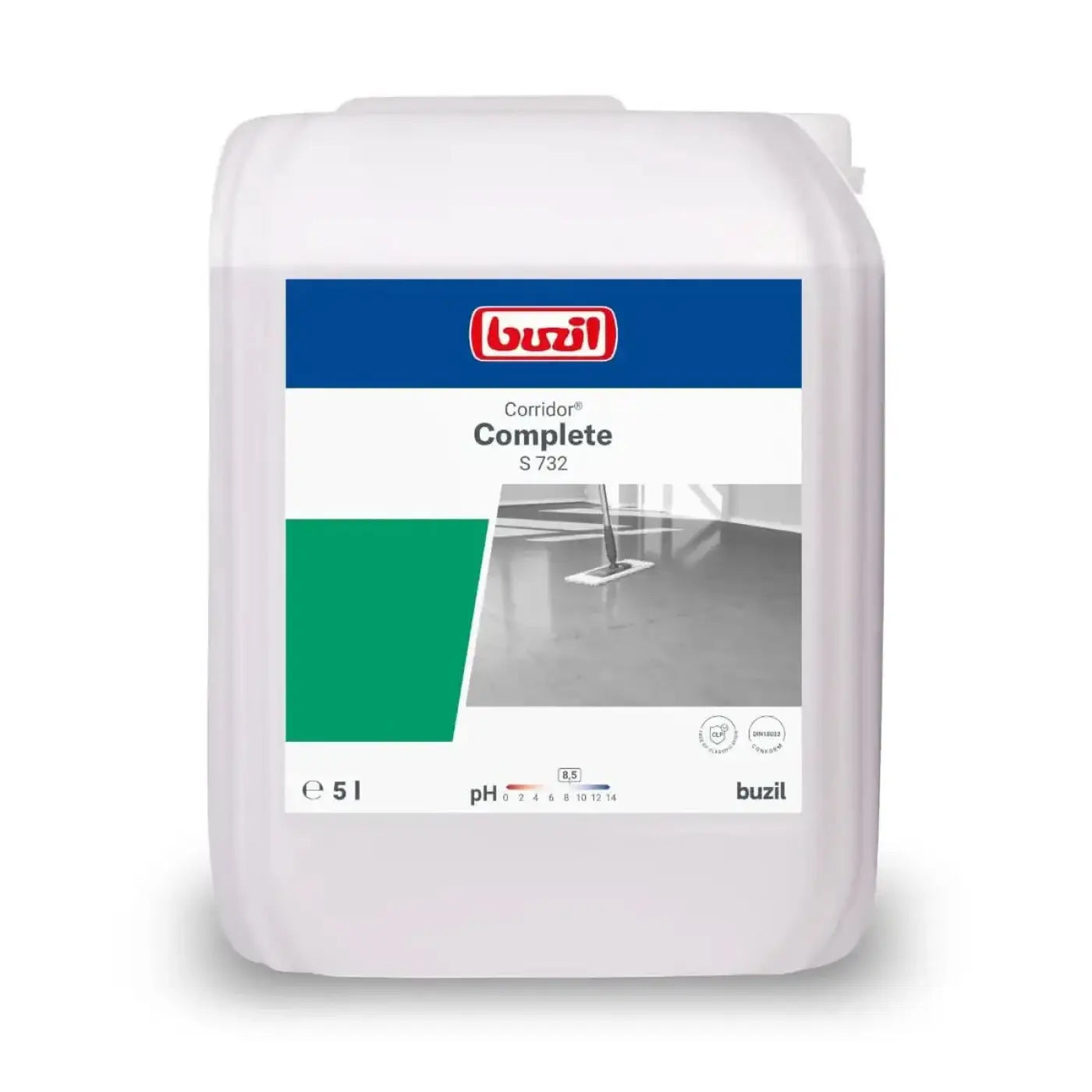 Weißer kunststoffbehälter buzil corridor complete s 732 bodenbeschichtung 5l mit blau grünem etikett und mop bild