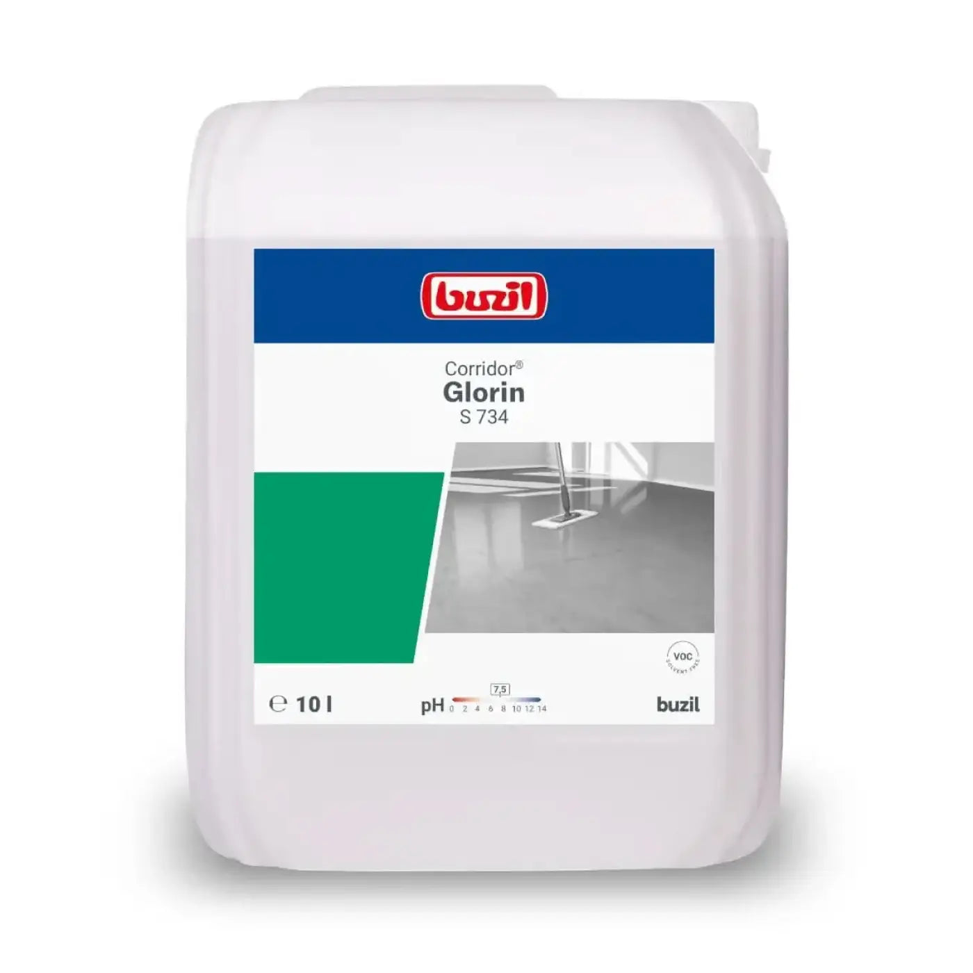 Weißer kunststoffbehälter buzil corridor glorin s 734 allround selbstglanzdispersion bodenreiniger 10 liter fassungsvermögen