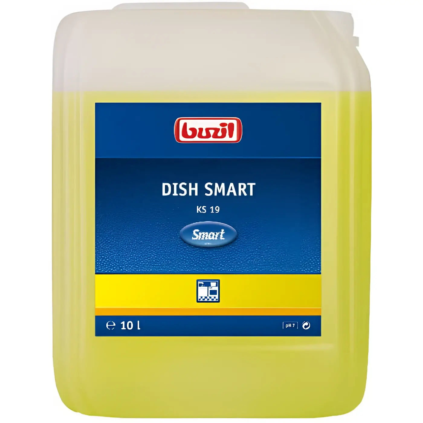 Ein 10-liter kanister gelbes Buzil Dish Smart KS19 geschirrspülmittel in einem durchsichtigen kunststoffkanister mit blau-gelbem etikett
