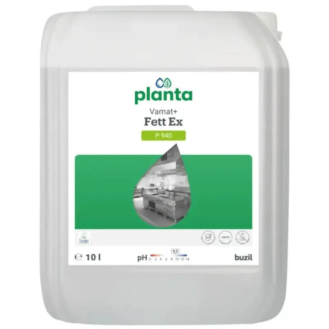 Weißer plastikbehälter von buzil fettlöser p940 planta vamat+ ex 10l reinigungslösung