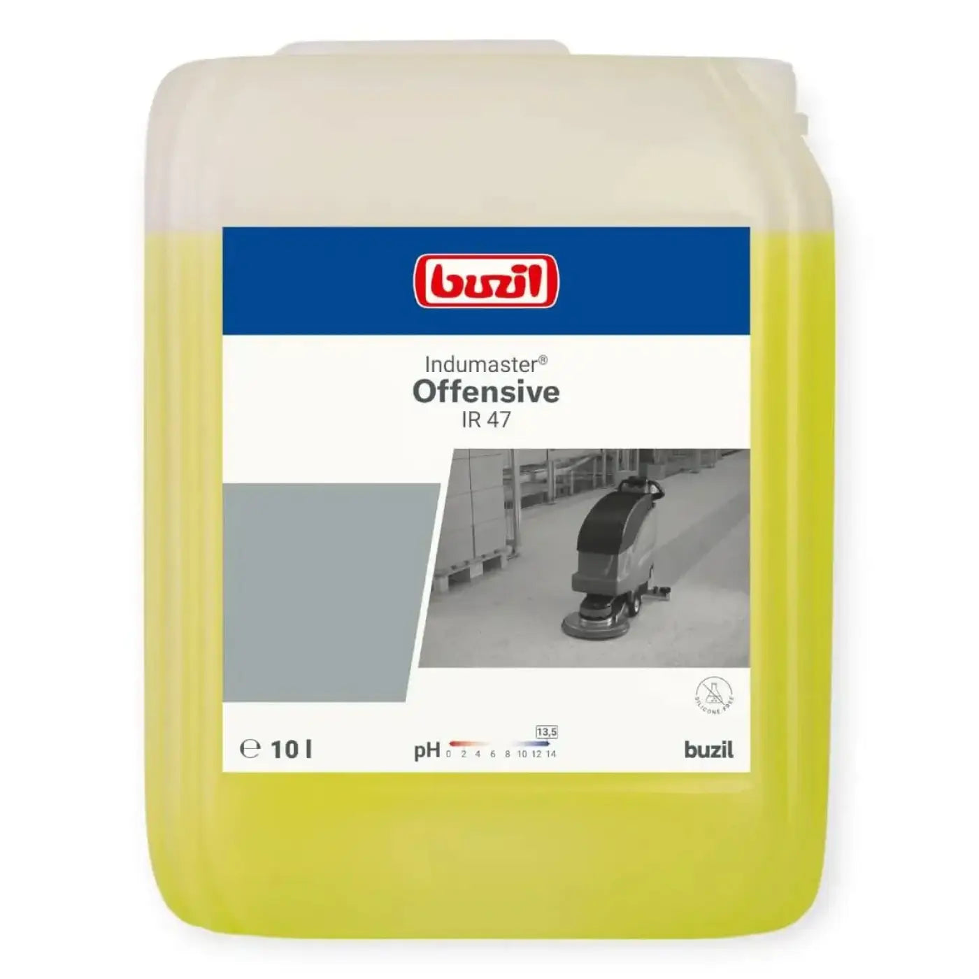 Ein 10-liter container mit gelbem industriereiniger indumaster offensive ir 47 von buzil