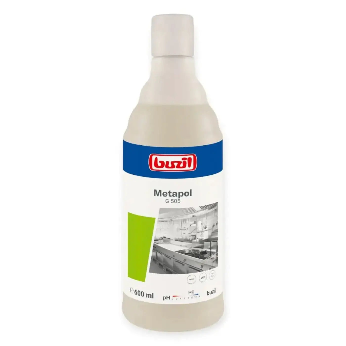 Eine 600 ml flasche buzil metapol g505 metallpolitur mit klarem flüssigem in durchsichtigem kunststoffbehälter