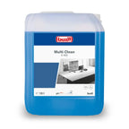 Blauer plastikbehälter buzil multi clean g 430 alkalischer aktivreiniger 10 liter mit weiß-blauem etikett