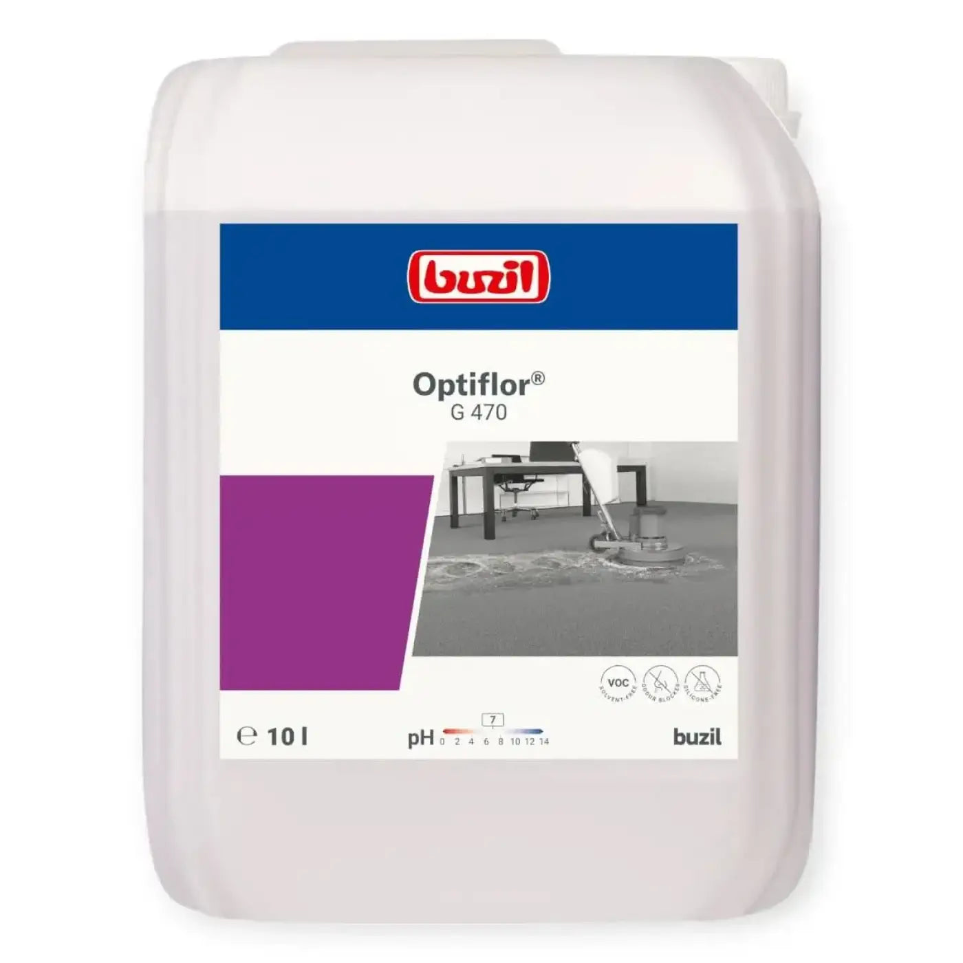 Ein weißer plastikbehälter mit 10 litern buzil optiflor g470 teppichshampoo zur bodenreinigung