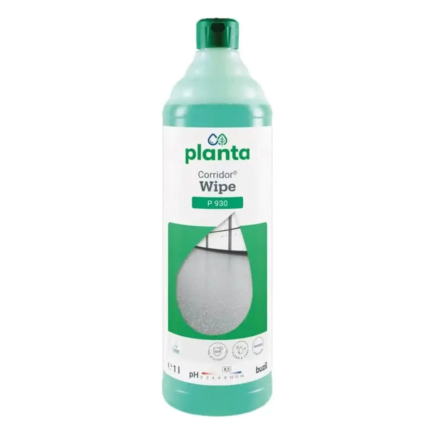 Ein grüner plastikflasche von buzil planta corridor wipe p930 ökologische wischpflege mit grünem deckel und weißem etikett