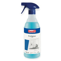 Ein klarer kunststoff-sprühflasche mit blauem abzug und kappe, gefüllt mit hellblauer profiglass g 522 glasreiniger von buzil