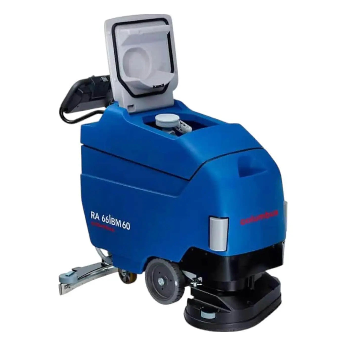 Blauer Columbus ra 66bm 60 ind scheuersaugmaschine mit grauem bedienfeld und schwarzen rädern von hinten