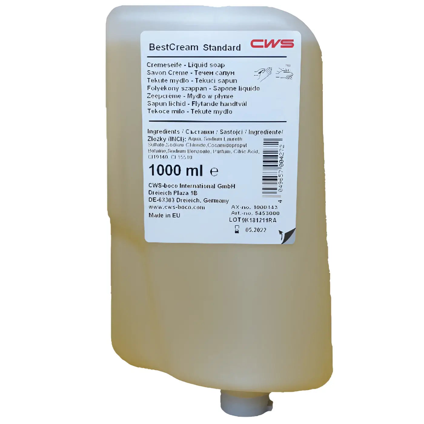 Ein durchscheinender beige kunststoffspender mit grauem aufsatz und weißem label bestcream standard von cws