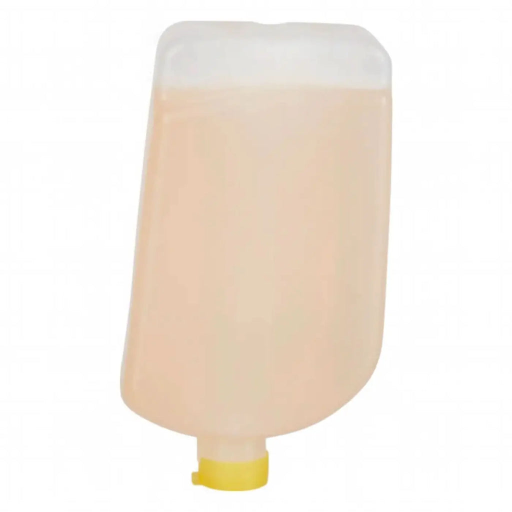 Transparenter pfirsichfarbener kunststoffspender mit gelbem deckel und weißem oberteil für cws bestfoam mild schaumseife 500 ml