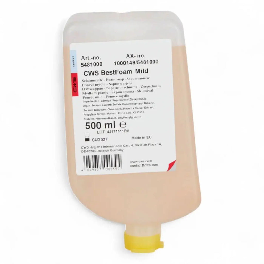 A translucent beige plastic bottle with yellow cap labeled cws bestfoam mild 500 ml schaumseife